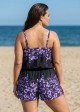 Curvy Purple Floral High Neck Modest Pocket Women's Swimsuit One Piece Swim Romper