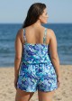 Curvy Blue Tropical Leaf High Neck Vintage Pocket Women's Swimsuit One Piece Swim Romper