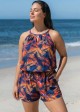 Plus Size Blue Tropical Palm Leaf High Neck Vintage Pocket Women's Swimsuit One Piece Swim Romper