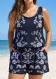 Plus Size Black Floral Wide Strap Pocket Bathing Suits Romper One Piece Swimsuit