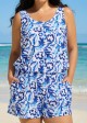 Curvy Blue And White Floral Vintage Wide Straps Pocket Swimsuit One Piece Swim Romper