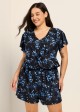 Curvy Blue Floral Print Upf50+ Short Sleeves Pocket Swimsuit One Piece Swim Romper