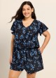 Curvy Blue Floral Print Upf50+ Short Sleeves Pocket Swimsuit One Piece Swim Romper
