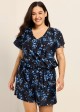 Curvy Blue Floral Print Upf50+ Short Sleeves Pocket Swimsuit One Piece Swim Romper