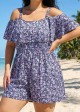 Purple Floral Print Flattering Off Shoulder Ruffled Plus Size Swimsuit One Piece Swim Romper