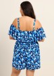 Blue Floral Print Vintage Off Shoulder Ruffled Plus Size Swimsuit One Piece Swim Romper