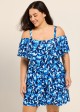 Blue Floral Print Vintage Off Shoulder Ruffled Plus Size Swimsuit One Piece Swim Romper