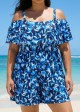 Blue Floral Print Vintage Off Shoulder Ruffled Plus Size Swimsuit One Piece Swim Romper