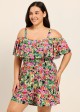 Plus Size Black Floral Flattering Off Shoulder Ruffled Swimsuit One Piece Swimdress
