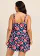 Plus Size Red Floral Scoop Neck Vintage Wide Straps Pocket Swimsuit One Piece Swim Romper