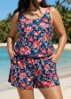 Plus Size Red Floral Scoop Neck Vintage Wide Straps Pocket Swimsuit One Piece Swim Romper