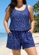 Navy Floral Scoop Neck Flattering Wide Straps Pocket Curvy Swimsuit One Piece Swim Romper