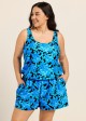Curvy Blue Floral Scoop Neck Vintage Wide Straps Pocket Swimsuit One Piece Swim Romper