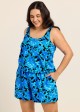 Curvy Blue Floral Scoop Neck Vintage Wide Straps Pocket Swimsuit One Piece Swim Romper