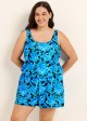 Curvy Blue Floral Scoop Neck Vintage Wide Straps Pocket Swimsuit One Piece Swim Romper