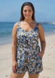 Plus Size Navy Floral Scoop Neck Flattering Wide Straps Pocket Swimsuit One Piece Swim Romper