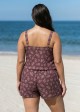 Plus Size Brown Floral Dot Scoop Neck Wide Straps Pocket Swimsuit One Piece Swim Romper