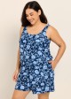 Plus Size Blue Floral Scoop Neck Modest Wide Straps Pocket Swimsuit One Piece Swim Romper