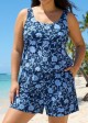 Plus Size Blue Floral Scoop Neck Modest Wide Straps Pocket Swimsuit One Piece Swim Romper