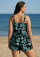 Curvy Green Tropical Leaf Print Scoop Neck Wide Straps Pocket Swimsuit One Piece Swim Romper