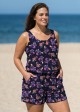 Purple Floral Scoop Neck Wide Straps Pocket Plus Size Swimsuit One Piece Swim Romper