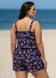 Purple Floral Scoop Neck Wide Straps Pocket Plus Size Swimsuit One Piece Swim Romper