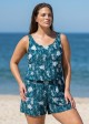 Green Marine Life Print Scoop Neck Wide Straps Pocket Curvy Swimsuit One Piece Swim Romper