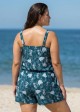 Green Marine Life Print Scoop Neck Wide Straps Pocket Curvy Swimsuit One Piece Swim Romper