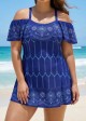 Plus Size  Navy Off The Shoulder Line Flowers Women One Piece Swimdress