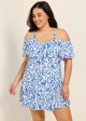 Curvy Blue Floral Print Off The Shoulder Modest Women's Swimsuit One Piece Swimdress