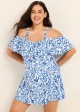 Curvy Blue Floral Print Off The Shoulder Modest Women's Swimsuit One Piece Swimdress