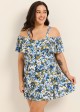 Curvy Navy Floral Off The Shoulder Flattering Women's Swimsuit One Piece Swimdress