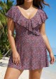 Plus Size Floral Print V-Neck Sleeves Swimdress Top