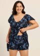 Blue Floral Print V Neck Cap Sleeves Flattering Ruffles Curvy Swimsuit Swimdress Set