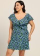 Plus Size Blue Green Floral V Neck Cap Sleeves Modest Ruffles Swimsuit Swimdress Set