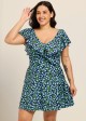 Plus Size Blue Green Floral V Neck Cap Sleeves Modest Ruffles Swimsuit Swimdress Set