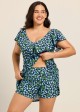 Plus Size Blue Green Floral V Neck Cap Sleeves Modest Ruffles Swimsuit Swimdress Set