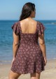 Curvy Brown Floral Dot V Neck Cap Sleeves Vintage Ruffles Women's Swimsuit Swimdress Top