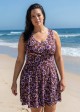 Purple Floral Scoop Neck Modest Cross Back Curvy Women's Swimsuit Swimdress Set
