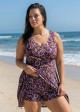 Purple Floral Scoop Neck Modest Cross Back Curvy Women's Swimsuit Swimdress Set