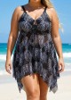 Mesh Print Tie-Front Drawstring Asymmetrical Hem Graceful Swimdress Set