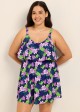 Purple Floral Layered Ruffle Trim Adjustable Strap Elegant Plus Size Swimsuit One Piece Swimdress