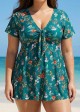 Green V Neck Floral Print Front Twisted Trendy Ruffle Swimdesse Set