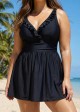 Black Plus Size Solid Color V Neck Ruffle One Piece Swimdress