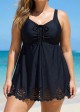 Plus Size Black Laser Cut Ruched Drawstring Swim Skirts For Women One Piece Swimdress