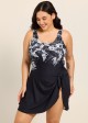 Plus Size Black Tropical Floral Print Square Neck Vintage Side Knot Swimsuit One Piece Swimdress