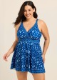 Curvy Dark Blue White Geometric V Neck Sleeveless Vintage Women's Swimsuit Swimdress Set