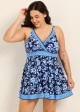 Plus Size Navy Floral V Neck Sleeveless Modest Women's Swimsuit Swimdress Set