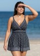 Curvy Black And White Floral V Neck Sleeveless Modest Women's Swimsuit Swimdress Set