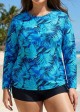 Plus Size Side Tie Adjustable Long Sleeve Rash Guard Tankini Top